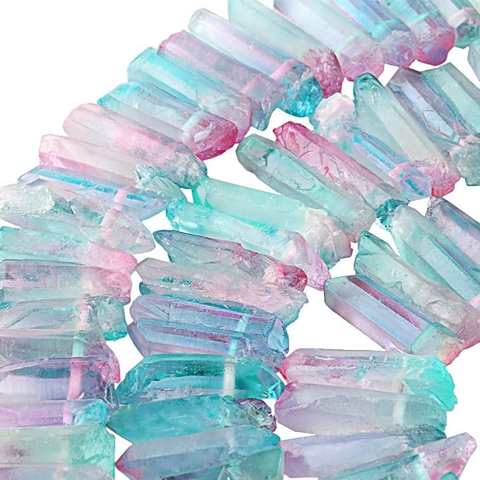 TUMBEELLUWA Rock Quartz Crystal Points Loose Beads for Jewelry Making, Titanium Coated Polished/Raw Quartz Beads 15 Inches Top Drilled,Pink/Turquoise Crystal Points(0.5"-1.6")