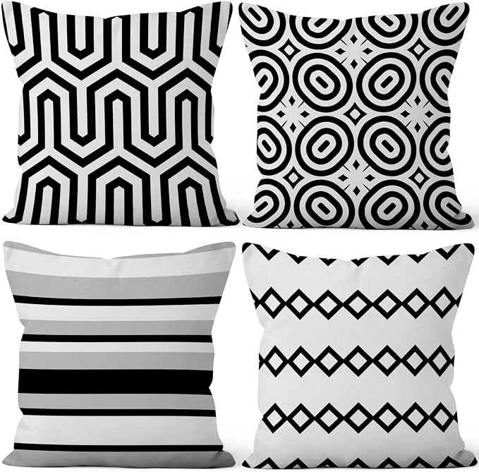 Black White Geometric Throw Pillow Cover 24"x24" Set of 4, Modern Minimalist Irregular Stripes Cushion Cover for Sofa Chair Couch Bed Office Garden Patio Farmhouse Indoor Outdoor