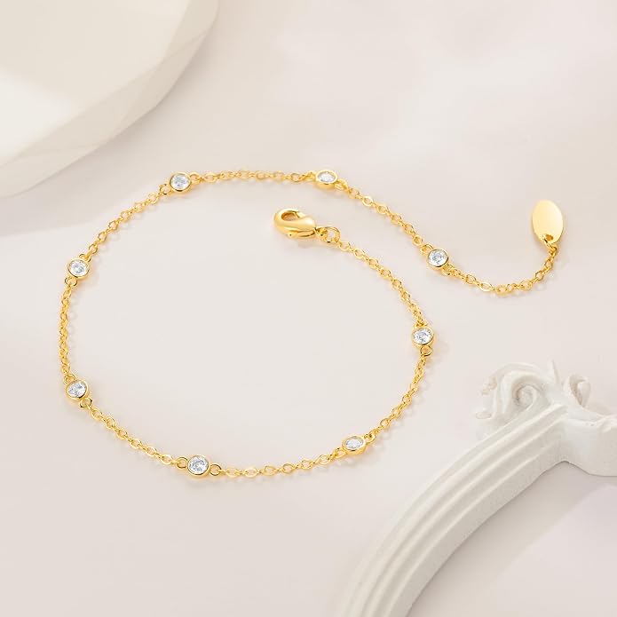 14K Gold Anklets for Women Non Tarnish 1/5 Carat Diamond Ankle Bracelet 14K Gold Ankle Bracelets for Women Waterproof Box Station Chain Design Jewelry for Women 9/10/11in