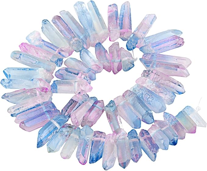 SUNYIK Pink/Blue Titanium Coated Crystal Points Quartz Rough Sticks Spikes Point Beads 15 inch Strand Drilled