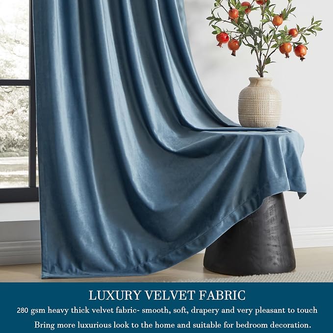 PRIMROSE Velvet Curtains 63 inch Long for Living Room,Set of 2 Panels Stone Grayish Blue Blackout Rod Pocket Back Tab Window Treatment Room Darkening Heavy Decorative Curtains Drapes for Bedroom