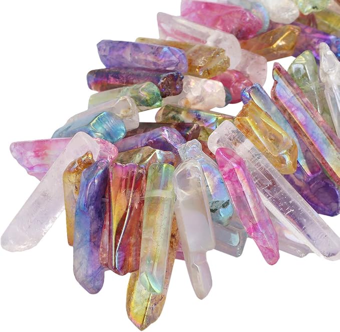 TUMBEELLUWA Rock Quartz Crystal Points Loose Beads for Jewelry Making, Titanium Coated Polished/Raw Quartz Beads 15 Inches Top Drilled,Multi-Color Crystal Points(0.5"-1.6")