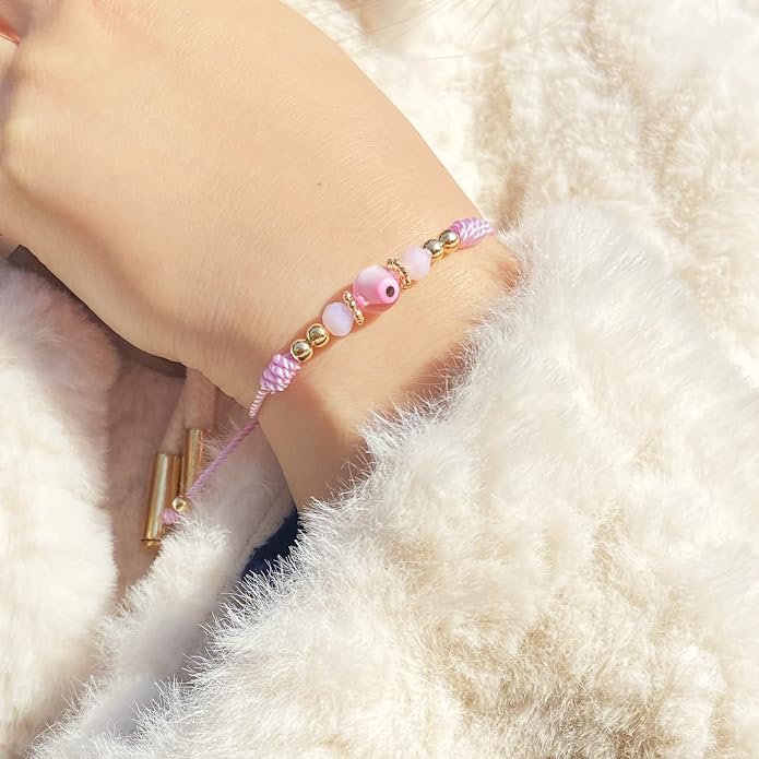 Evil Eye Bracelet For Women Teen Girls Amulet Pink Protection Bracelet Good Luck Adjustable String Bracelet Anklet
