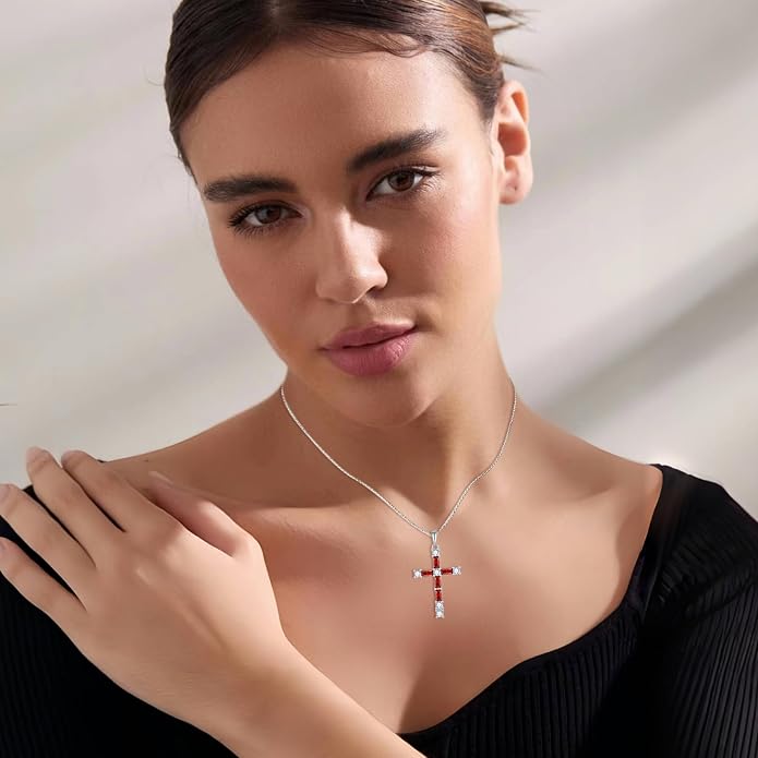 Birthstone Cross Necklace for Women 925 Sterling Silver Christian Religious Crucifix Pendant Rectangular Cut Birthstone Jewelry Gifts for Her