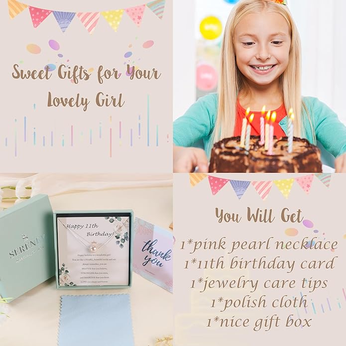 Sereney Sterling Silver Birthday Gifts for Girls Women, Pearl Necklace as 7 9 10 11 13 15 16 18 21 30 40 50 60 Year Old Birthday Gifts, Single Pearl Necklace as Bday Gifts for Friends