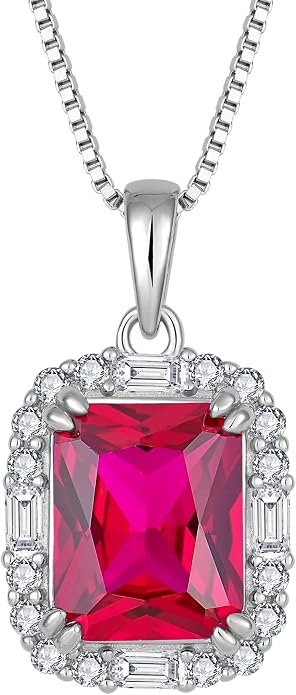 Princess Cut Necklaces for Women, 925 Sterling Silver Emerald Cut Birthstone Pendant Necklace Halo Square Rectangle Jewelry Gifts for Her