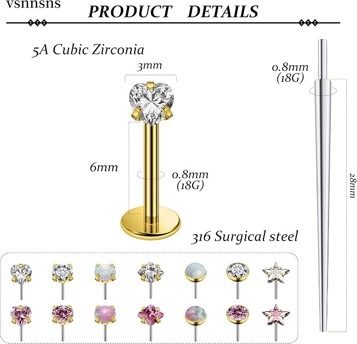 Vsnnsns 14K Gold Plated 16G 18G 20G Threadless Nose Rings Studs Flat Back Earrings Stainless Steel Tragus Helix Conch Earrings Stud Snake Bite Lip Rings Labret Medusa Piercing Jewelry for Women Men
