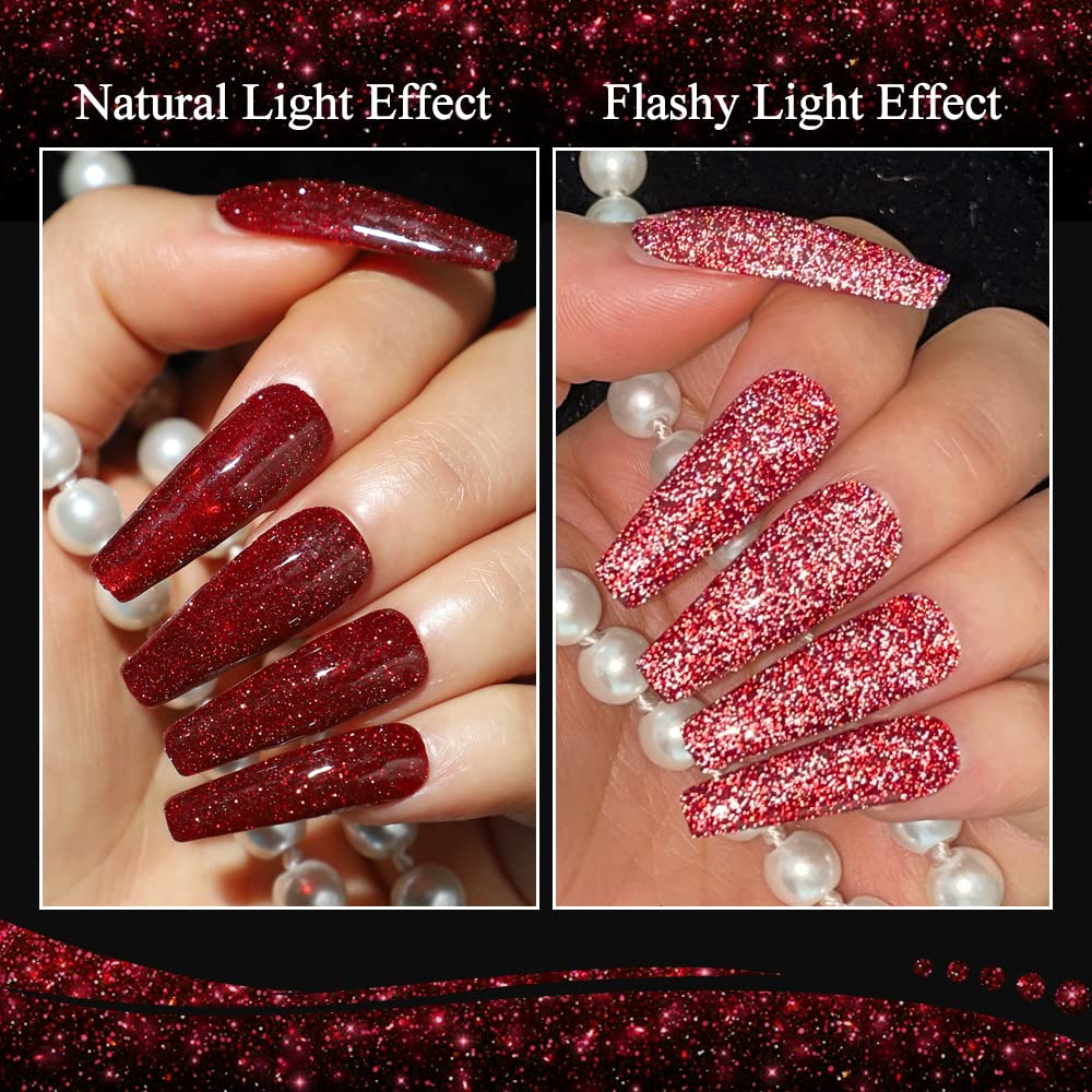 MIZHSE Diamond Gel Nail Polish, Reflective Glitter Red Gel Polish, Christmas Sparkly Shiny Nail Art Varnish Manicure Kit, Soak Off Nail Art for Beginners DIY at Home