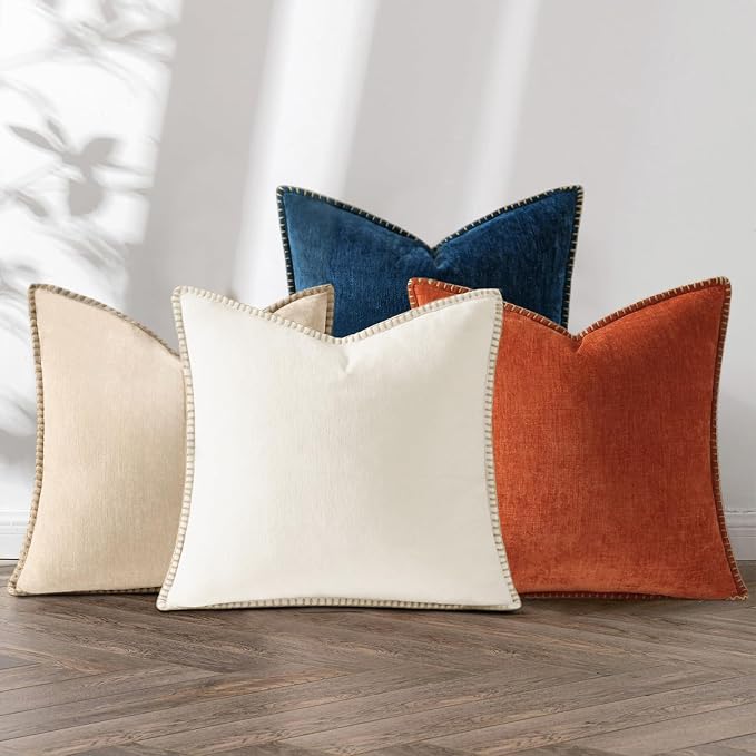decorUhome Fall Soft Decorative Chenille Throw Pillow Covers 18x18 Set of 4 | Beige Rust Cozy Decorative Modern Farmhouse Neutral Pillow Cases with Stitched Edge for Couch Sofa Bed Living Room Home Decor