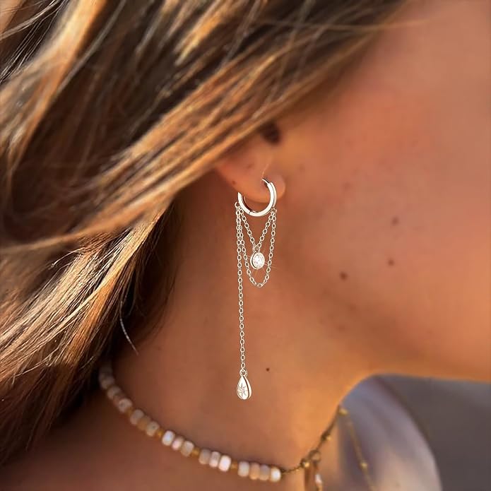 CZ Chain Hoop Dangle Earrings for Women S925 Sterling Silver Cubic Zirconia Dangling Earrings Chain Tassel Drop Earring Hoop Earring Huggies Fashion Wedding Jewelry Gifts