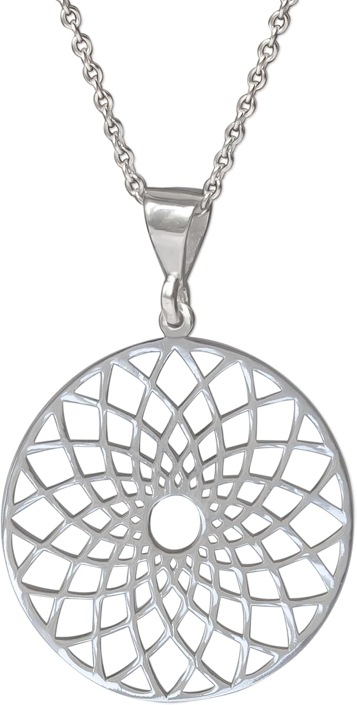 Mandala Necklace Sterling Silver 925 - Sacred Geometry Circle Pendant with 19.7" Chain - Spiritual Esoteric Amulet - Boho Hippie Yoga Jewelry for Women Girls - Handmade