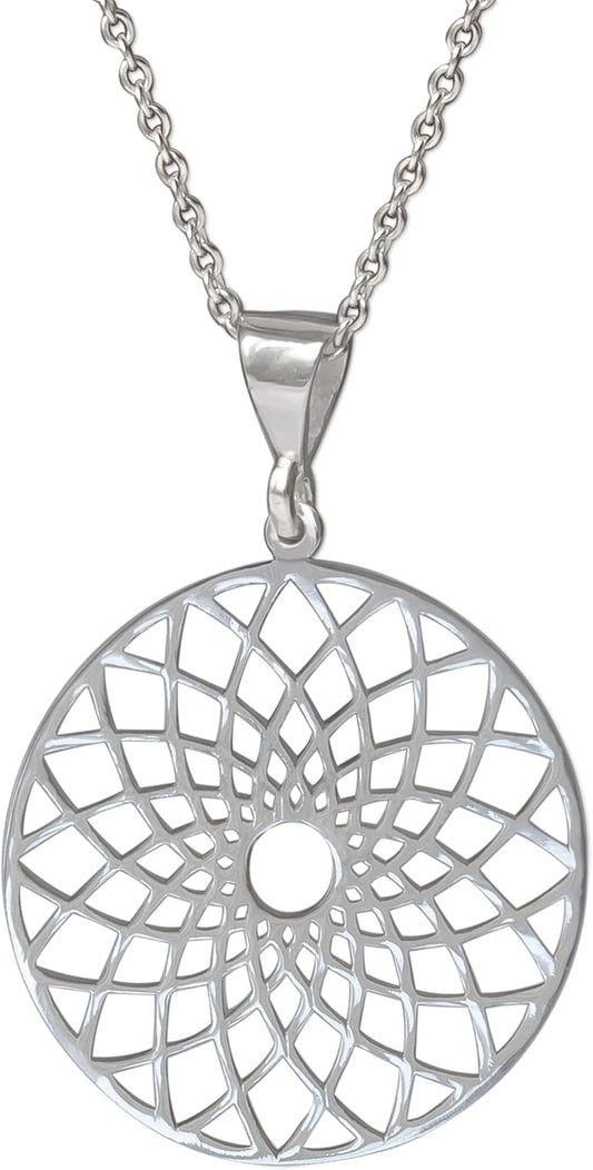 Mandala Necklace Sterling Silver 925 - Sacred Geometry Circle Pendant with 19.7" Chain - Spiritual Esoteric Amulet - Boho Hippie Yoga Jewelry for Women Girls - Handmade