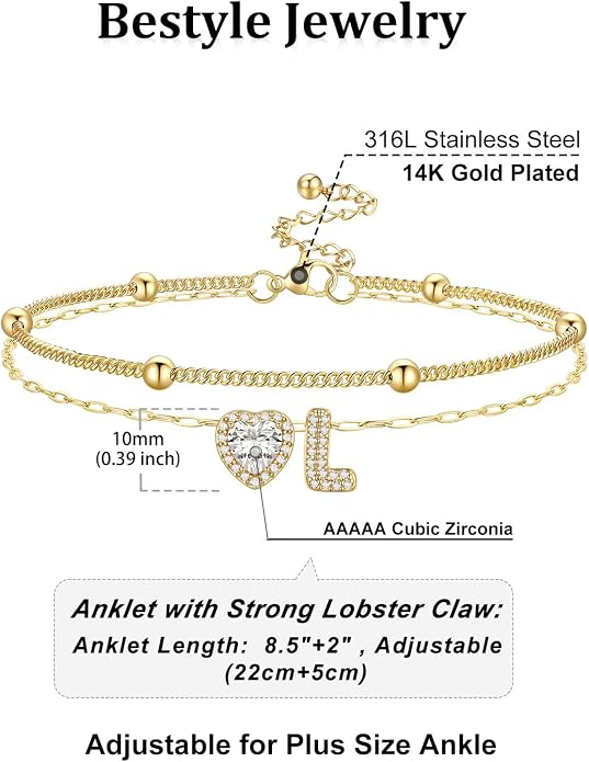 Bestyle Initial Anklet Bracelets for Women Waterproof Non Tarnish 14K Gold/White Gold Plated CZ Anklets for Women Dainty Layered Letter Heart Ankle Bracelets Adjustable Foot Chain Anklet