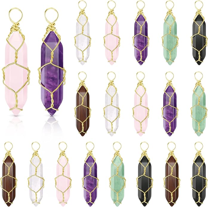 Sureio 18 Pieces Natural Healing Crystal Pendant Hexagonal Pointed Wire Wrapped Gemstone Quartz Pendant with Wire Wrapped Gemstone for Necklace Jewelry Making