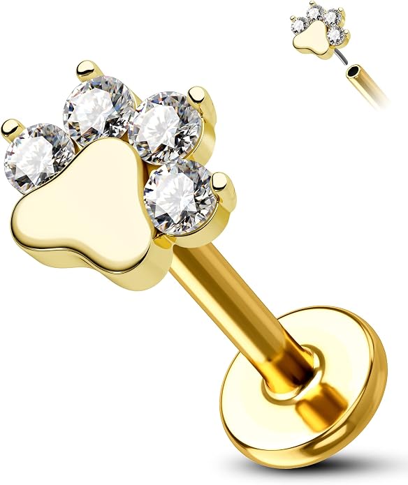 Cocharm 14K Solid Gold Cartilage Earring - Dog Paw Yellow Gold Flat Back Helix Stud, 16g