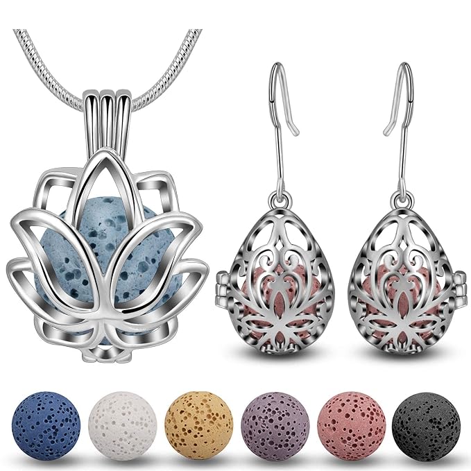 Essential Oil Diffuser Necklaces & Earrings Set, Women Aromatherapy Jewelry with Lava Rock Stones