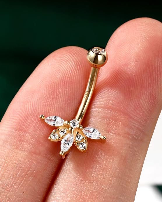 COCHARM 10K Gold Belly Button Rings 14G Lotus Gold Belly Rings for Women Gold Belly Navel Piercing Jewelry Clear CZ