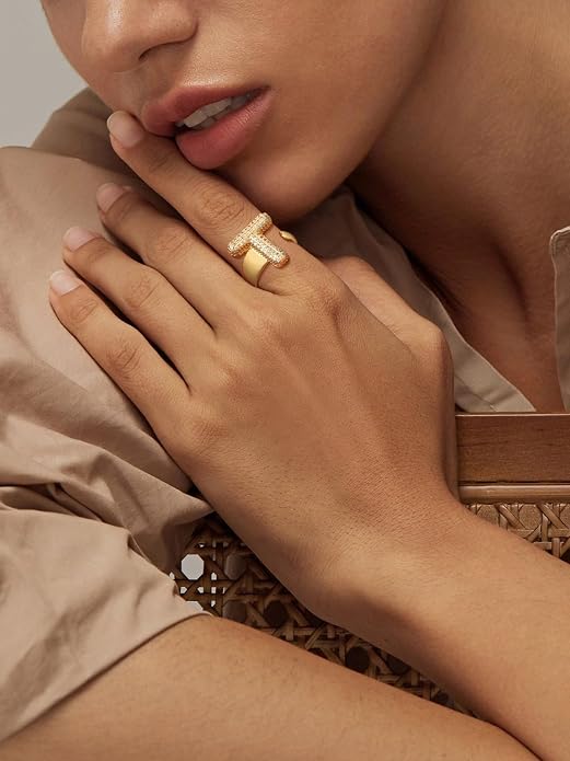 FindChic Initial Ring for Women, Gold Plated Chunky Letter Rings Open Adjustable Trendy Sparkling Cubic Zirconia Personalized Statement Rings Jewelry Gift
