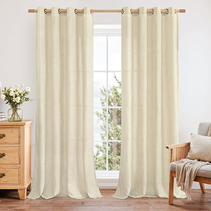 YoungsTex Linen Curtains 95 Inch Length for Living Room, Light Filtering Drapes with Grommet Semi Sheer Rustic for Bedroom Windows, Warm Beige, 2 Panels, 52 X 95 Inch