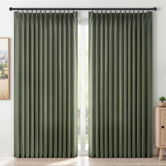 Topfinel Olive Green Pinch Pleated Curtains 108 Inch Length 2 Panels for Bedroom Living Room Textured Semi Sheer Window Curtain Boho Neutral Back Tab Pinch Pleat Drape with Hooks 108 Inches Long