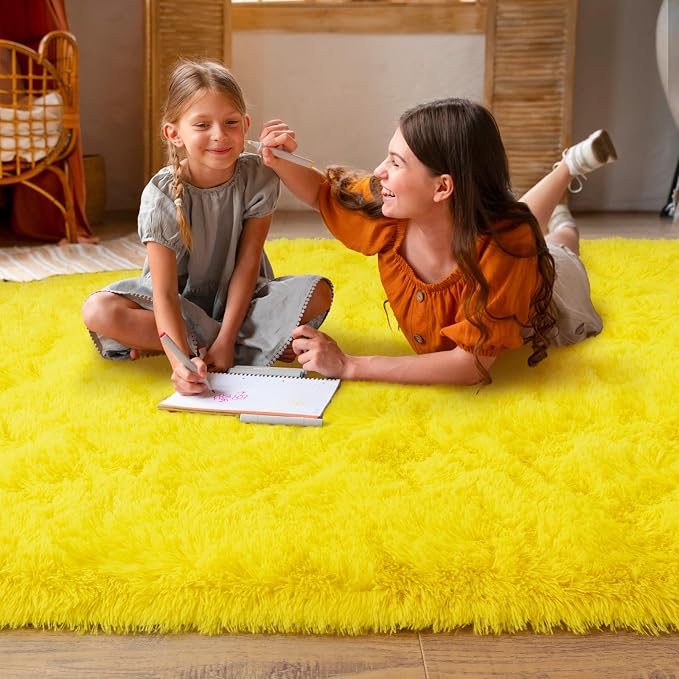 Dssimo Yellow Rug for Bedroom Living Room, 8x10 Soft Shaggy Area Rugs | Large Plush Fluffy Upgrade Non-Slip Yellow Area Rug for Nursery Kids Room Dorm Room Home Decor, Indoor Plush Floor Carpet