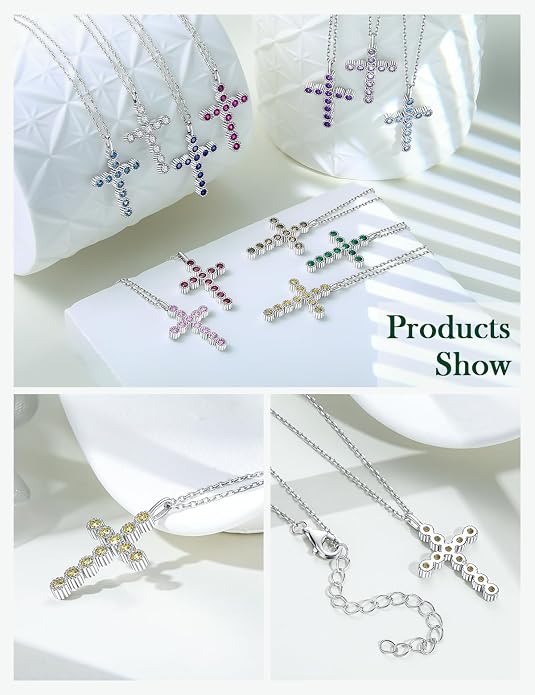 Sterling Silver Cross Necklace for Women Birthstone Religious Jewelry