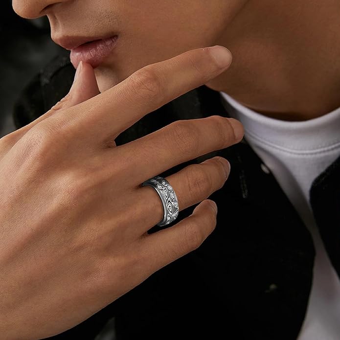 Gothic Evil Eye of God Rings,Stainless Steel Vintage Black Engraved Spinner Rings Fidget Band Stress Relieving Anxiety Jewelry Gifts for Men