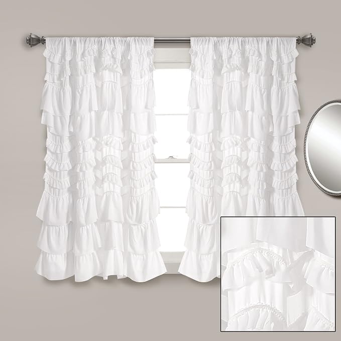 Lush Decor Kemmy Light Filtering Window Curtain Panel Single 52" W x 63" L White - Drapes - Ruffled Curtains for Bedroom - White Curtains - Coquette Decor