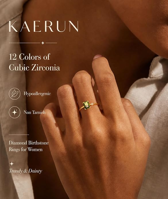 KAERUN Gold Birthstone Rings for Women Non Tarnish 14K Gold Plated Stackable CZ Thumb Eternity Rings Dainty Emerald Green Gemstone Engagement Ring for Mother Lover Birthday Jewelry Gifts Size 6-10