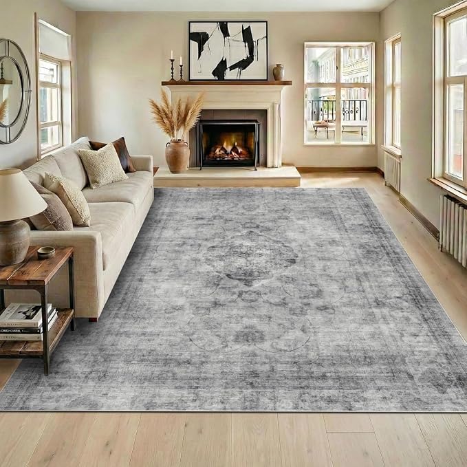 10x14 Area Rug for Living Room-Vintage Farmhouse Boho Floral Washable Stain Resistant Indoor Carpet for Bedroom Office and Home Decor(Ashen Black)