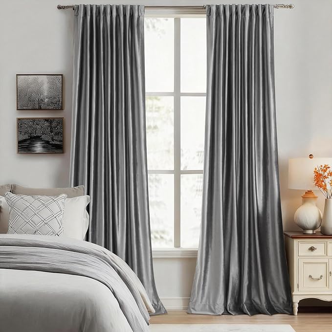 100% Blackout Grey Velvet Curtains 84 inch Long for Living Room,Elegant 2 Panels Back Tab Thermal Insulated Room Darkening Curtain with Liner Heavy Noice Reducing Soundproof Window Drapes for Bedroom