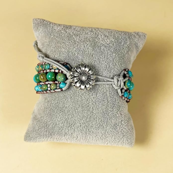 YGLINE Boho Handmade Natural Stone Bead 3 Row Wide Wrap Wrist Statment Bracelet Jewelry Collection