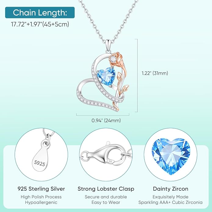 Rose Heart Birthstone Necklace for Women - Dainty 925 Sterling Silver Necklaces for Women Trendy CZ Pendant Necklace Jewelry Birthday Anniversary Christmas Gifts for Girlfriend Mom Lady Daughter