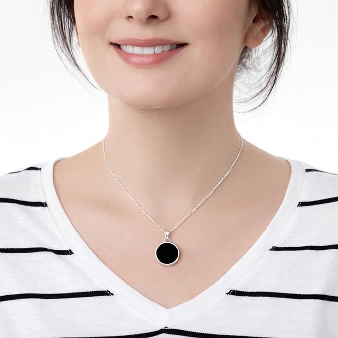 Sterling Silver 925 Black Onyx Flat Round Handmade Pendant Necklace for Women & Men - Unisex