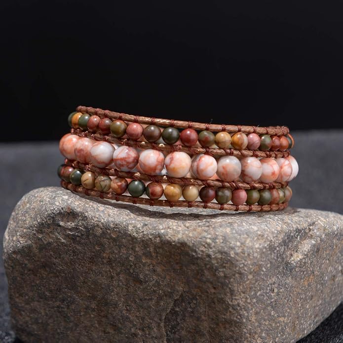 YGLINE Boho Handmade Natural Stone Bead 3 Row Wide Wrap Wrist Statment Bracelet Jewelry Collection