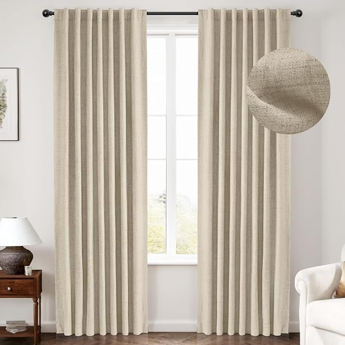 INOVADAY 100% Blackout Curtains 84 Inches Length 2 Panels Set, Back Tab/Rod Pocket Linen Black Out Curtains for Bedroom, Thermal Insulated Window Drapes - Natural Flax, W50 X L84