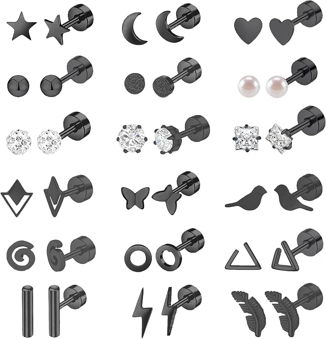 MJust 18 Pairs Women‘s Hypoallergenic Flat Back Stud Earrings, 20g Stainless Steel Earrings Sets for Men, Tiny Unisex Screw Back Cartilage Earrings.