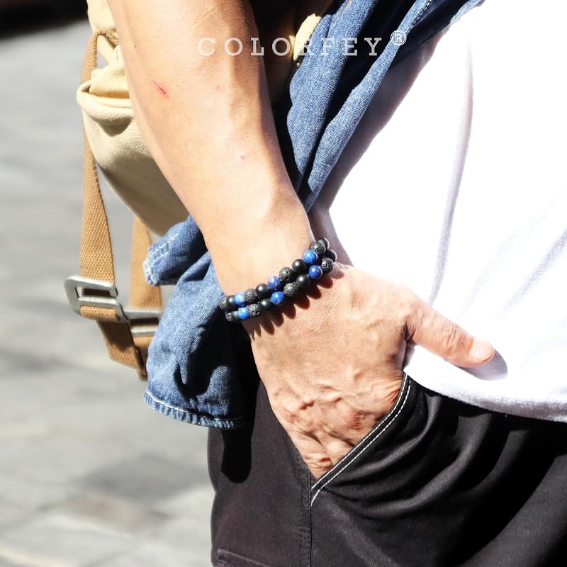 Mens Beaded Bracelets Handmade Gifts for Men, Genuine Triple Protection Men Stone Bracelet Lapis Lazuli Lava Onyx Beads Bracelet, Handcrafted 2Row Mens Masculine Beads Bracelest Father Gifts