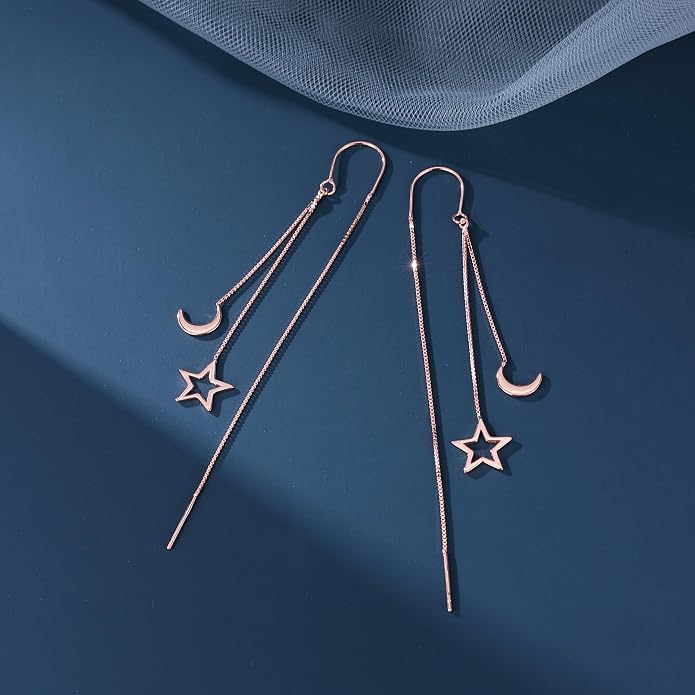 Reffeer Solid 925 Sterling Silver Moon Star Threader Dangle Earrings Chain for Women Teens Long Dangle Earrings Tassel Chain