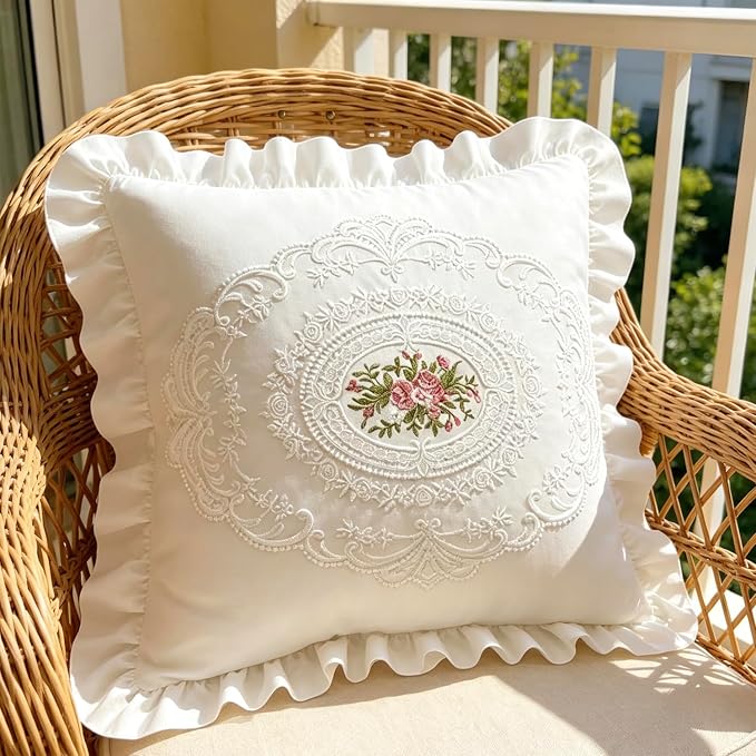 26x26 Pillow Covers, White Lace Square Cushion Cover 100% Cotton Throw Pillow Cover Pillowcase Set of 2, Decorative Cushion case,Handmade Pillowcase with Ruffles