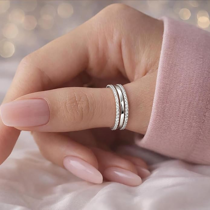 Purplepig Stackable Rings for Women Non Tarnish, Two Tone Mixed Metal Dainty Eternity Band Set, 14K Gold & Sterling Silver Plated Cubic Zirconia Hypoallergenic Wedding Thumb Pinky Rings Size 4-11