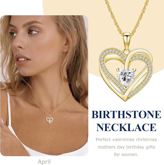 Anniversary Charm Necklace, Sterling Silver 14K Gold Plated Chain with Interlocking Heart Pendant Elegant Birthstone Necklaces for Women, Length 18"
