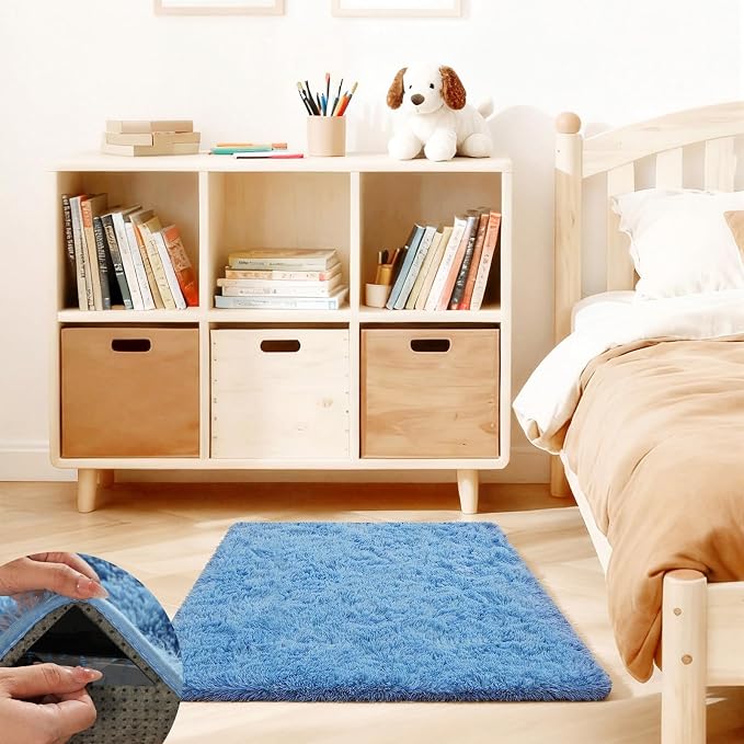 Blue Rugs for Bedroom, 2x3 Fluffy Area Rugs for Living Room, Small Fuzzy Shag Soft Carpet with 4 Non-Slip Adhesive Strips for Kids Boys and Girls Nursery Dorm Room Home Decor (2ft X 3ft, Blue)