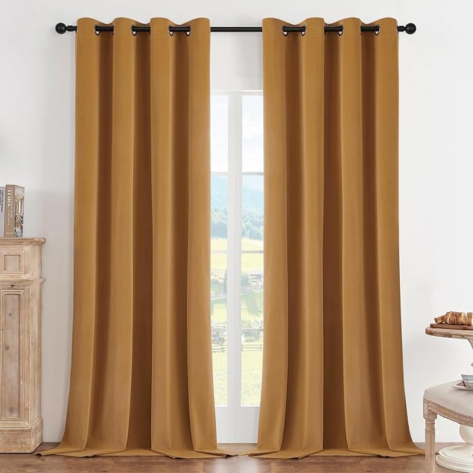Joydeco 100% Blackout Velvet Curtains Mustard Yellow 108 Inch Grommet Top | Luxury Thermal Insulated Velvet Curtains for Bedroom Living Room, Soundproof Blackout Window Drapes