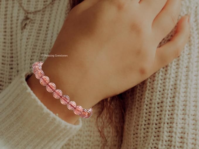 Amazing Gemstone Strawberry Quartz Bracelet for Women Men's Gifts - Protection Healing Crystal Bracelet - 8mm Gemstone Beaded Adjustable Bracelet