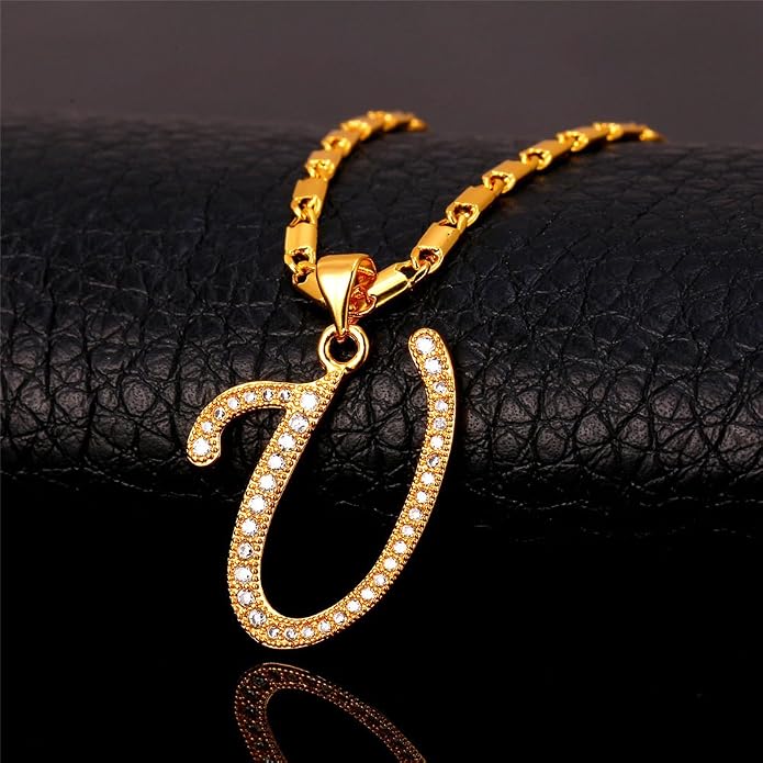U7 Initial Necklace for Women, Gold/Platinum Plated CZ Crystal Letter A-Z Pendant Necklace, Shiny 20 Inch Name Chain Dainty Personalized Jewelry for Men Mom Wife Friend