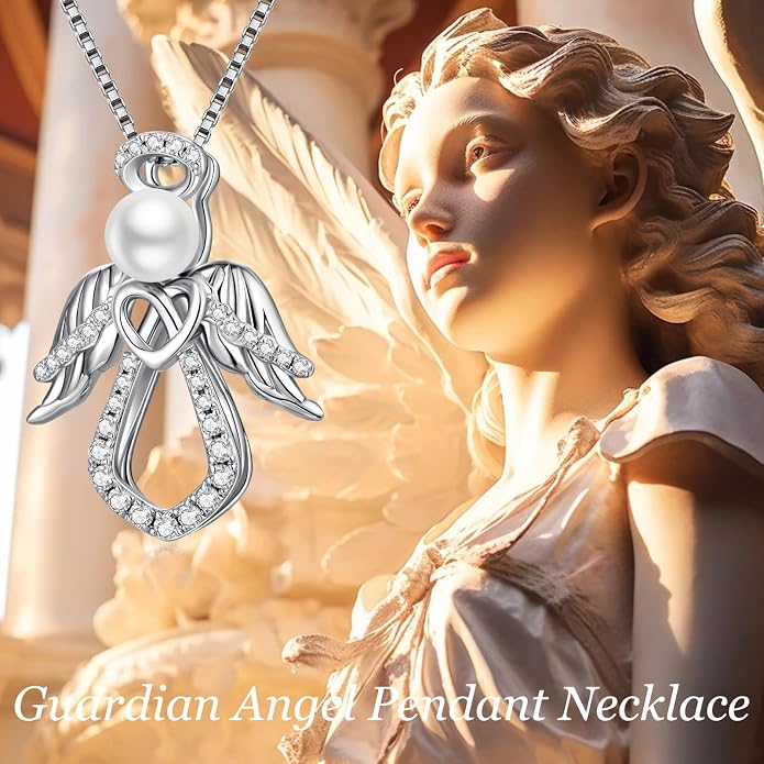 925 Sterling Silver Guardian Angel Pendant Necklace for Women with Birthstone Cubic Zirconia Little Angel Pendant Necklace Jewelry 18 inch Chain