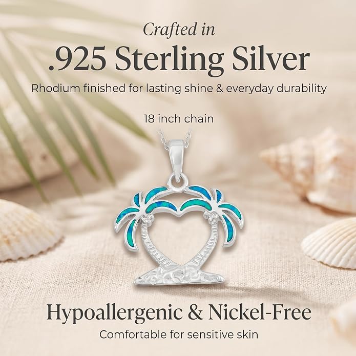 Created Blue Opal Ocean Necklace for Women, 925 Sterling Silver Pendant, 18 Inch Chain, Beach and Sea Life Jewelry Collection