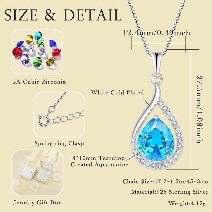 Teardrop Birthstone Necklace for Women 925 Sterling Silver White/Yellow Gold Plated Cubic Zirconia Pendant Necklace Jewelry for Her