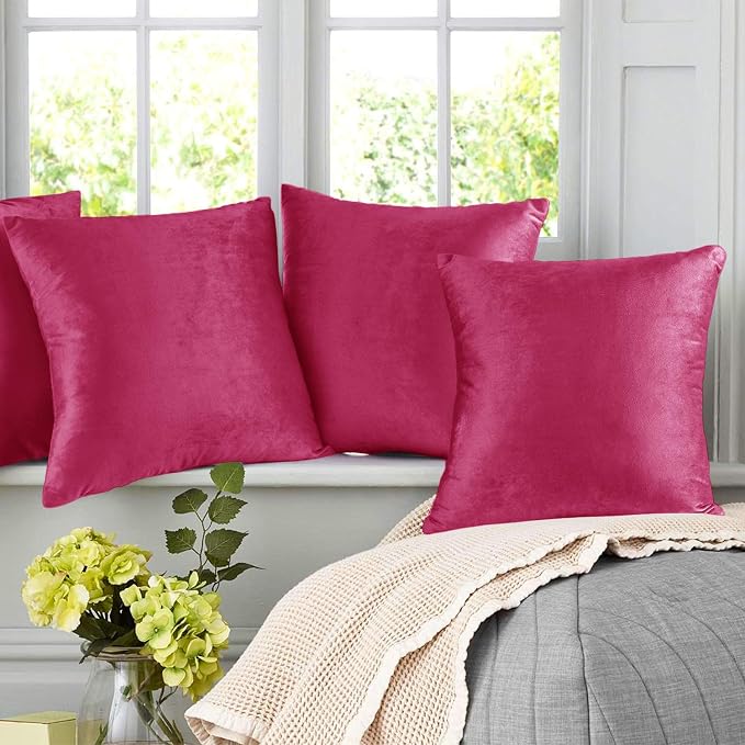 Nestl Throw Euro Pillow Covers, Cozy Velvet Decorative Pillow Covers 26 x 26 Inches, Soft Solid Couch Pillow Case for Sofa, Bed and Car, Set of 4 - Hot Pink